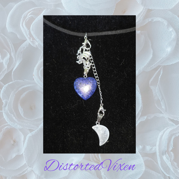 Handmade Jewelry - Lapis Heart Necklace with Quartz Moon & Dragon Charm necklace